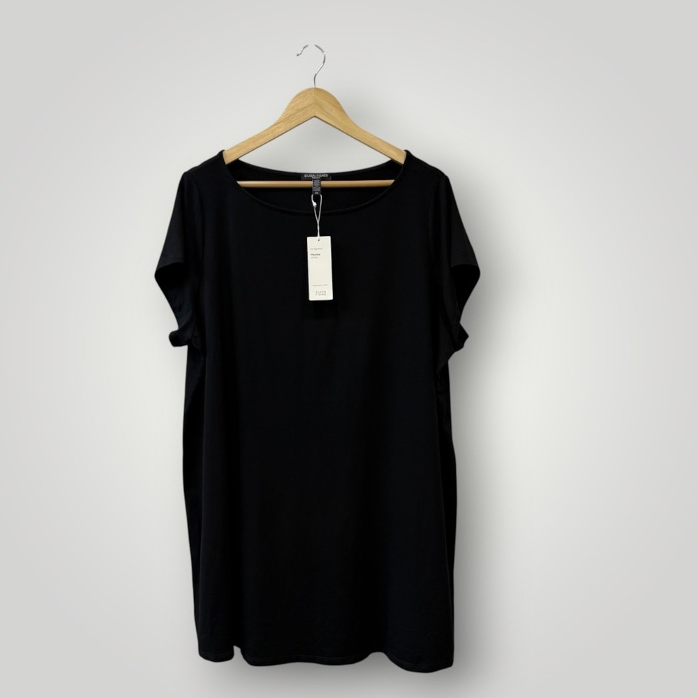 Eileen Fisher Black Viscose Jersey Short Sleeve Tunic Top 2X NWT